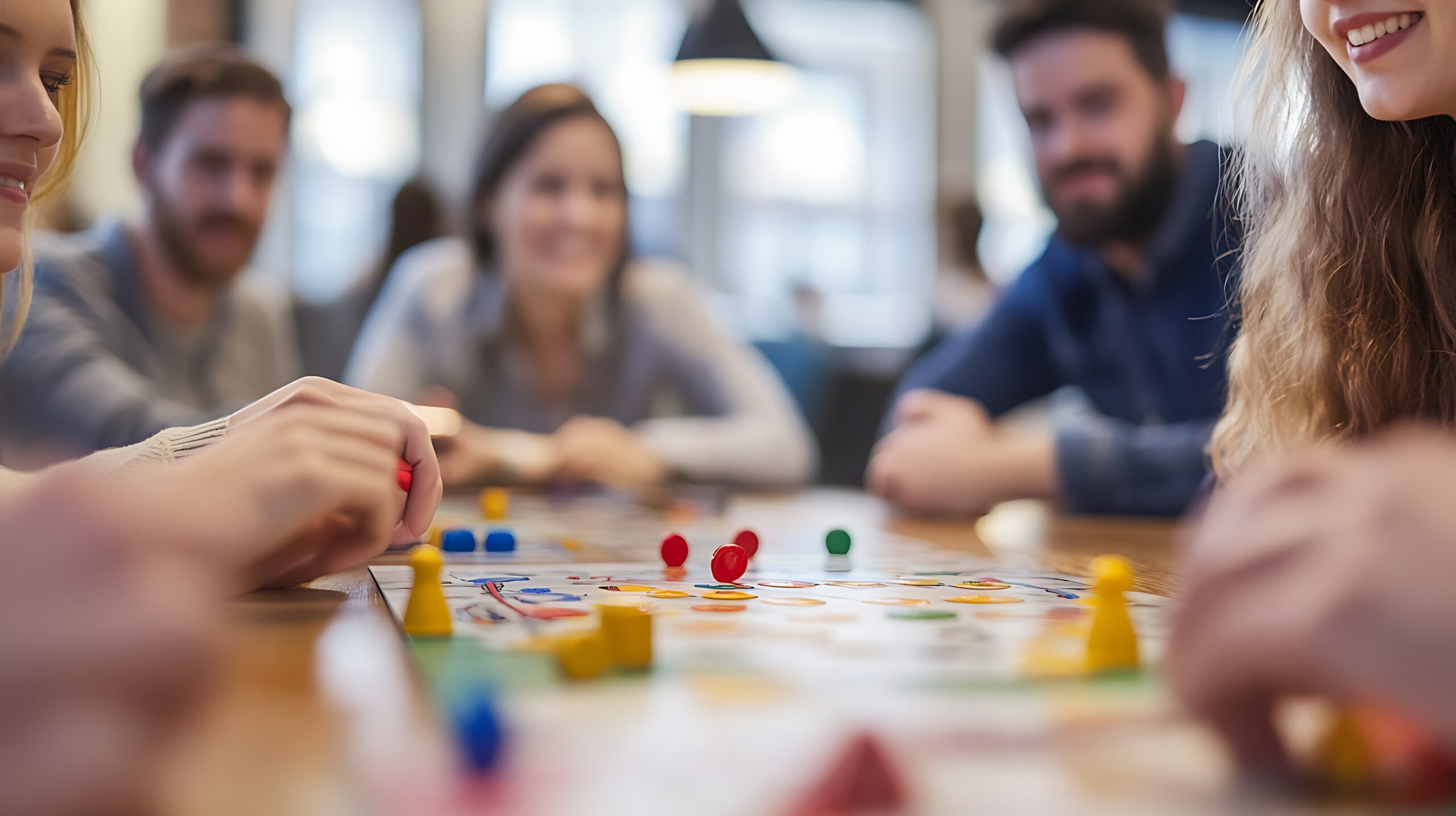 A group of people are playing a board game together A group of people are playing a board game together. Scene is lighthearted and fun, as everyone is smiling and enjoying themselves. The game appears to be a cooperative one